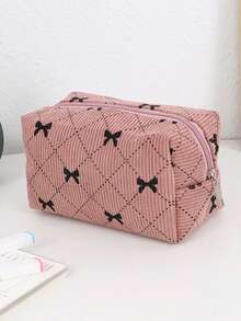 灯芯绒蝴蝶结设计铅笔盒，大容量拉链袋，带手提带，美观布艺笔袋，适用于学校和办公室用品收纳，便携式枕形文具包，适合日常使用 - 多色 - 查看 11