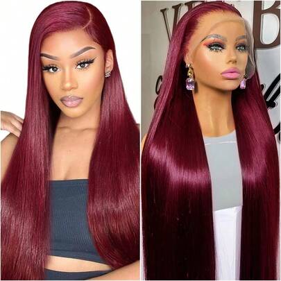 珠潮 26 英寸 180% 密度 酒红色混发直发假发，13x4 混发蕾丝前额带婴儿发，耐热透气合成纤维，自然发际线可分缝，适合派对和日常佩戴