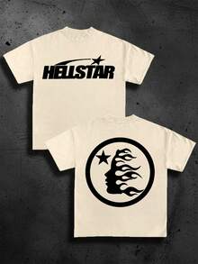 (Camiseta de algodón 220 con impresión doble cara) 1 pieza Camiseta gráfica con llama y estrella en color albaricoque, estilo Y2K, ropa urbana, camiseta de impresión digital, camiseta casual y cómoda de algodón para primavera, verano y otoño, ropa para hombres, regalo, unisex - Albaricoque - Ver 1