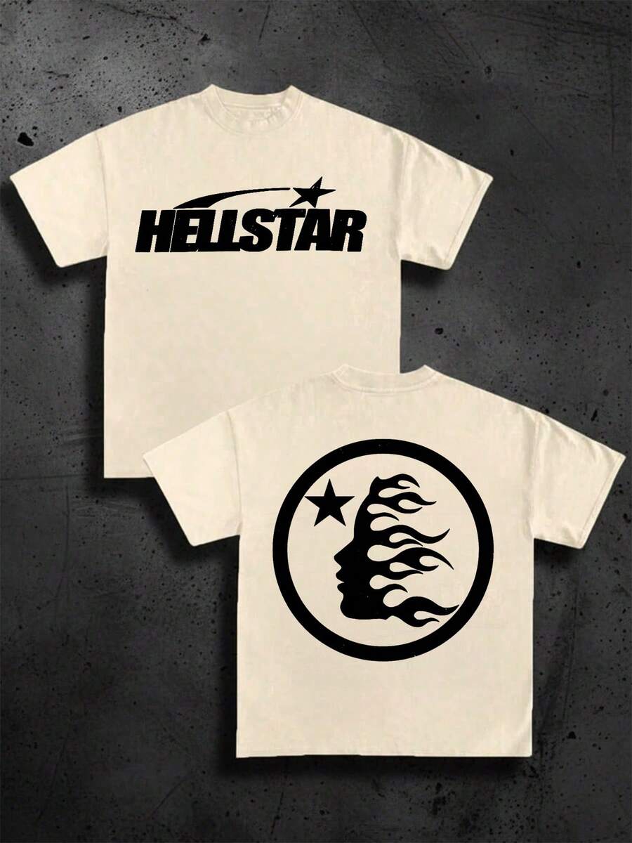 (Camiseta de algodón 220 con impresión doble cara) 1 pieza Camiseta gráfica con llama y estrella en color albaricoque, estilo Y2K, ropa urbana, camiseta de impresión digital, camiseta casual y cómoda de algodón para primavera, verano y otoño, ropa para hombres, regalo, unisex - Albaricoque - Ver 1