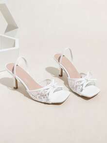 Women's Fashion Minimalist White High Heels, Bow Decor, Suitable For Outdoor, Party, Vacation - White - View 7