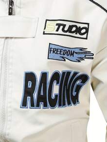 Men's Fashion PU Leather Jacket, With Motorcycle Racing Pattern, Breathable Stand-Up Collar, Zipped Long Sleeves, Side Pockets - Ideal Choice For Spring And Autumn, Autumn Jacket | Pattern PU Leather Jacket | Flexible Fitting Jacket, New Windproof Jacket With Pockets, Suitable For Casual Daily Wear, Outdoor Activities, Street Style, Stylish And Chic Jacket For Autumn And Winter Leisurewear. - 白色 - 查看 5