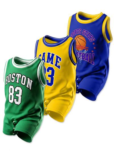 Purechapter 3pcs/Set Summer Casual Sports Outfit For Baby Boys/Girls, 1-18 Months, Includes Sleeveless Vest, Jersey, And Jumpsuit, Various Printed Patterns, Round Neck, Button Design, Convenient Wear, Suitable For Daily Wear, Outdoor Activities, Holiday Gifts