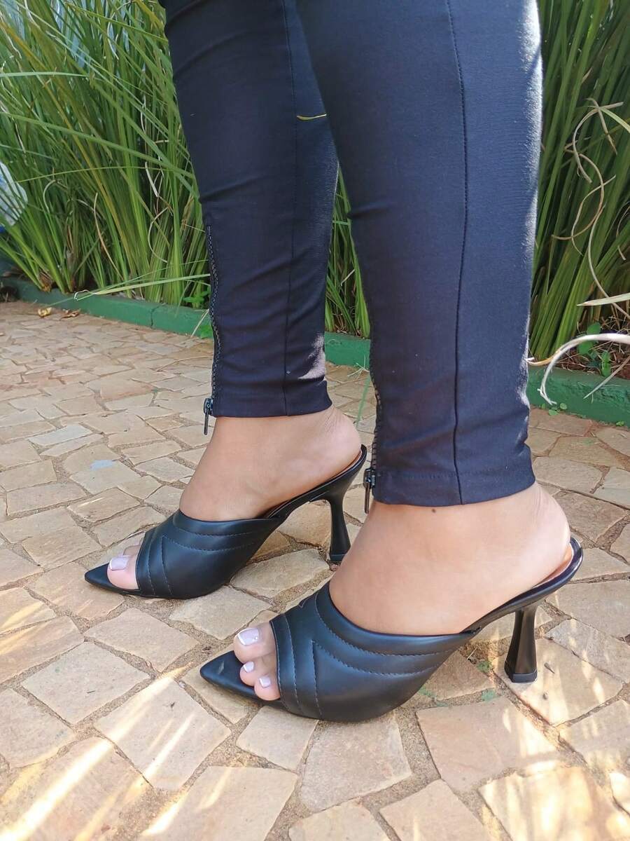 Calçados Feminino Flor de Romã Tamanco Mule Salto Taça Bico Folha Fino Costura Confortável Preto - Preto - Visão 1