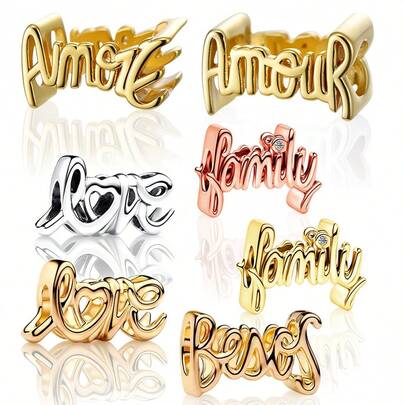 Gold Plated Love Family Amore Amour Beads Charms Fit Original Silver Plated Bracelet Necklace Women DIY Jewelry Making Gifts