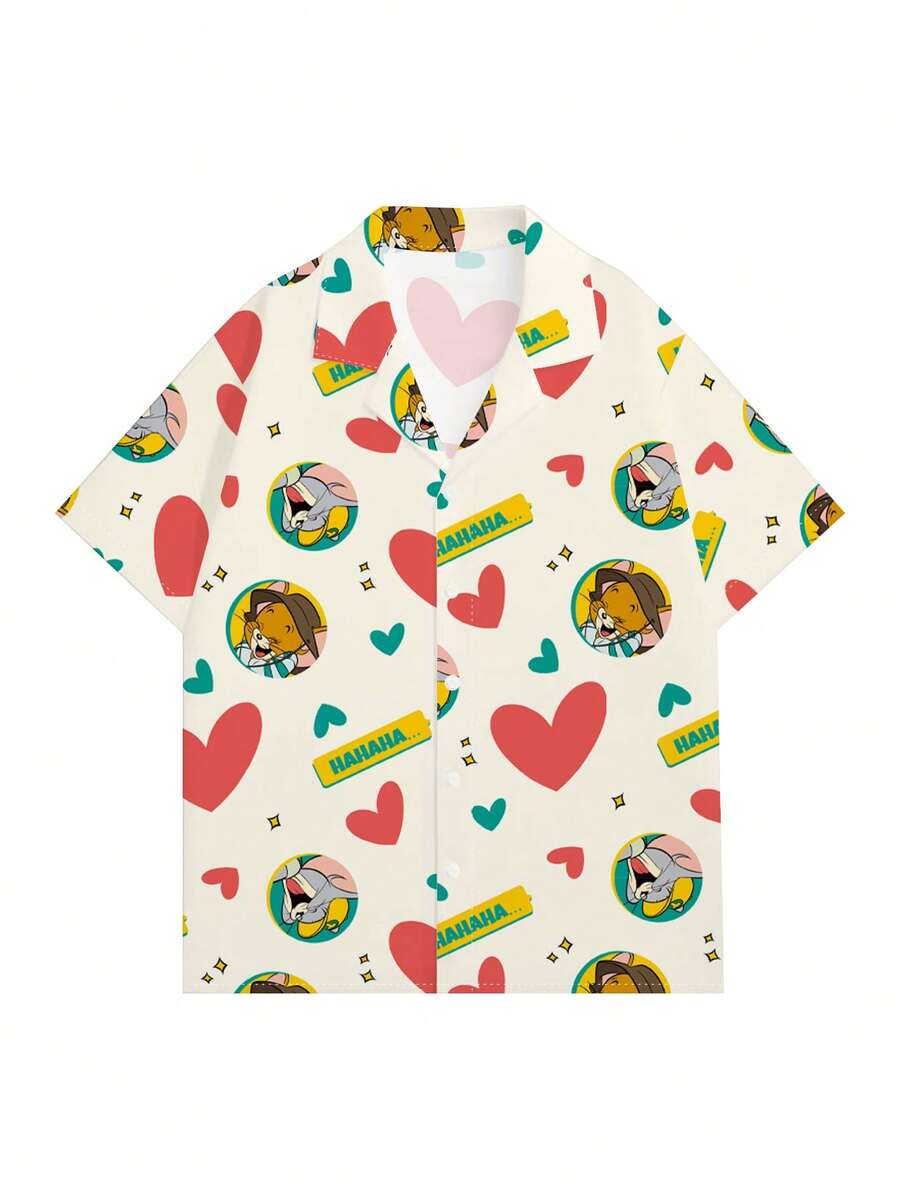 Strevion TOM & JERRY Men's Casual Simple Heart & Jerry Digital Print Short Sleeve Shirt - Multicolor - View 1