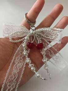1pc Lace Bow & Faux Pearl Keychain Wallet Pendant Y2K Faux Pearl Decor Bag Charm Shoe Accessory Bow Decoration Cherry Kawaii Key Lanyard Boho Beach Essentials - White - View 5