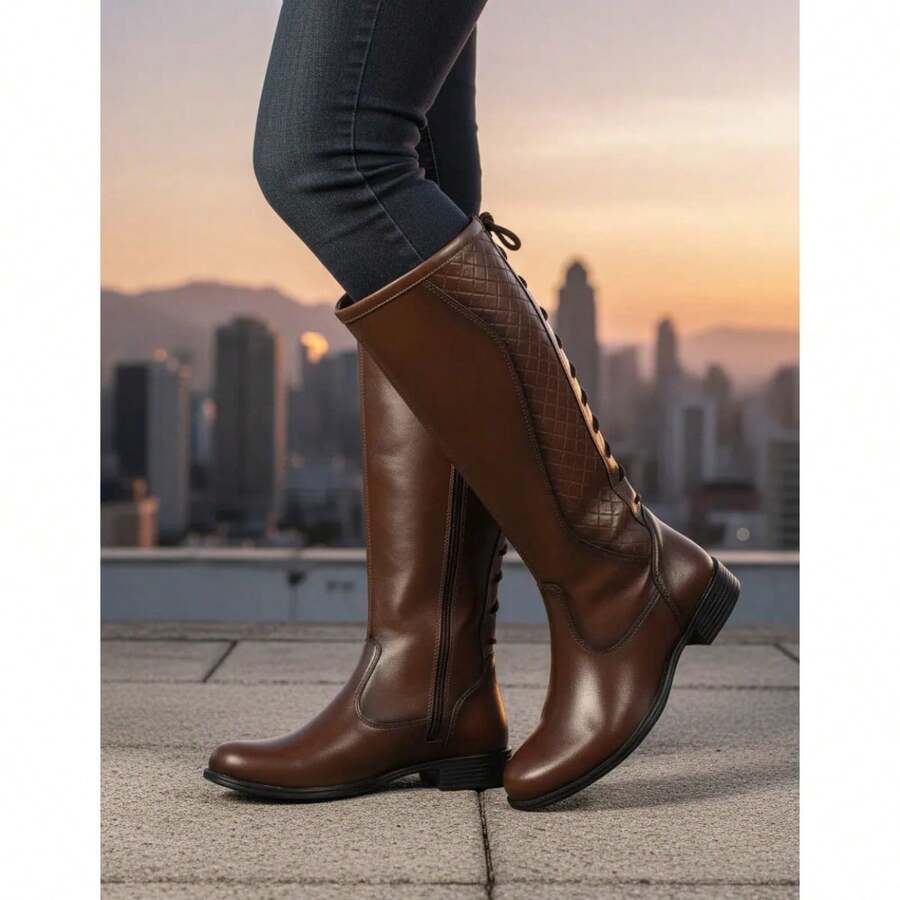 Women's Elegant Riding Boot, High Shaft, Lace-Up, Side Zipper, Soft And Comfortable, New Winter Collection - 鏽棕色 - 查看 1