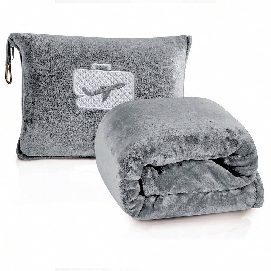 Comfort Fly 2-In-1 Travel Blanket & Pillow – Ultra Soft Micro Plush Airplane Blanket With Built-In Carry Case (40" X 70") – Lightweight, Compact & Machine Washable Travel Essential - Gray - View 1