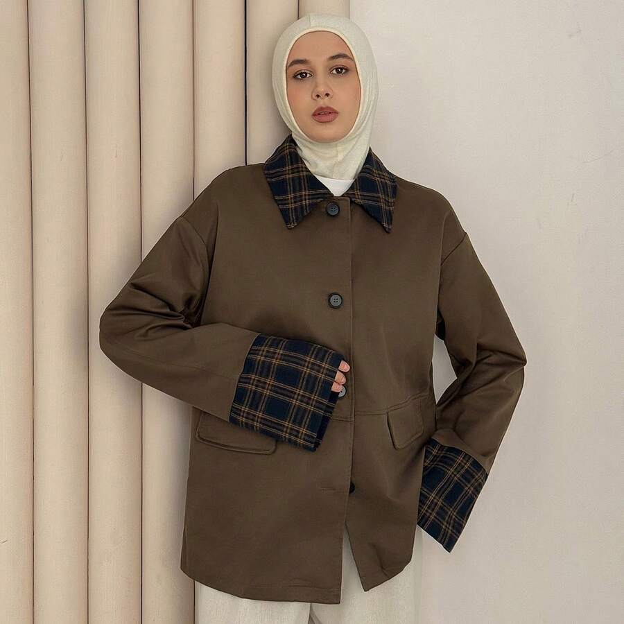 DAZY 新款秋季女士拼接常规休闲夹克外套 - 咖啡棕 - 查看 1