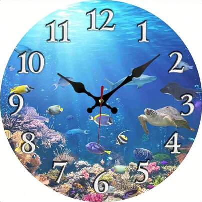 Reloj de pared de madera con diseño plano de 12 pulgadas con forma de pez de natación, silencioso y de simulación, adecuado para oficina y escuela, funciona con pilas (pilas no incluidas)