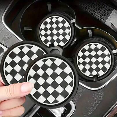 2pcs Checkerboard Car Cup Holders - Non-Slip & Dust-Proof, Easy To Clean - Fit Most Vehicles, Fashionable Design