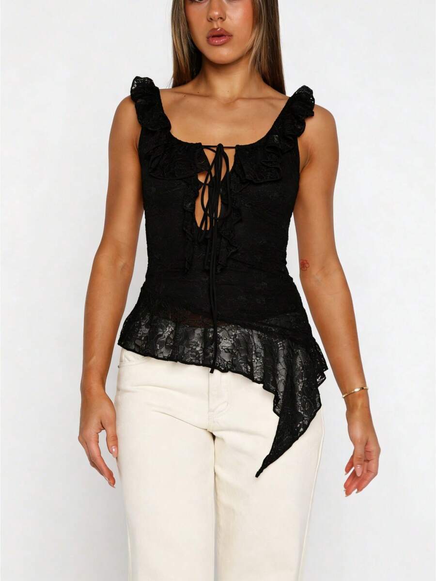 Women Y2K Lace Sweetheart Ruffle Tie Front See Through Asymmetrical Hem Sleeveless Crop Top Going Out Party Club Top - màu đen - Xem 1