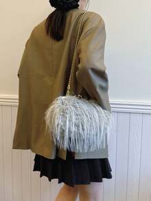 Fashionable Khaki Flap Chain Plush Handbag, Versatile Women's Shoulder Bag For Daily Commute And Phone Pouch - Grey - View 3