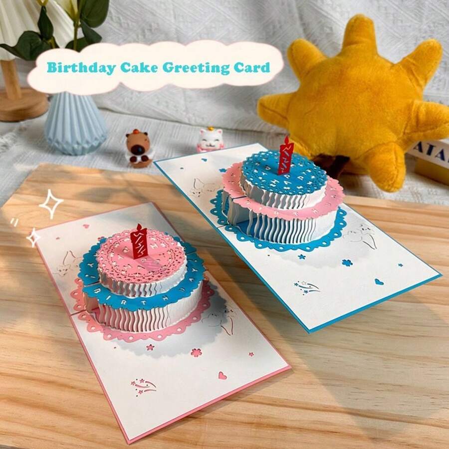 3D Pop-Up Hollowed Out Flowers Birthday Card 2-Layer Birthday Cake Greeting Card With Wishes Creative Gift Card - Multicolor - View 1
