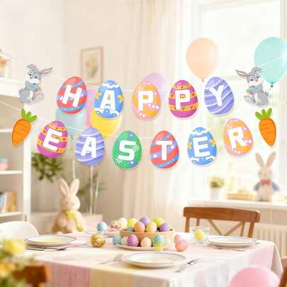 1 Set Easter Happy Banner, Easter Egg Pull Flags, Suitable For Home, Office, School, Outdoor Party Decoration, Easter Bunny Party Decor, Easter Party Decoration, Happy Spring Bunny Party Supplies