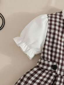 Đầm kẻ caro cổ điển ngọt ngào màu trắng, cổ Peter Pan, kiểu dáng Preppy cho bé gái 4-8 tuổi. - Cà phê nâu - Xem 5