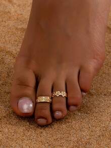 2pcs/Set Metallic Geometric Line & Flower Toe Rings, Summer Beach Jewelry For Women - Golden - View 12