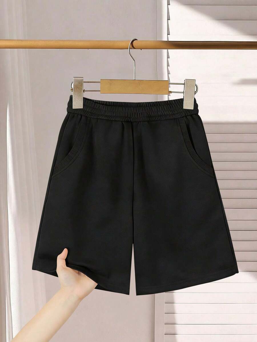 1 pieza Pantalones cortos de verano de unicolor hasta la rodilla para niños preadolescentes para deportes al aire libre - Negro - Ver 1