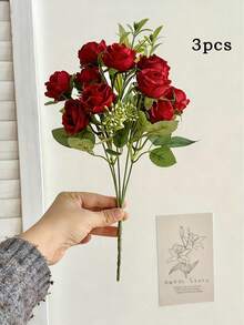 1/3支装12英寸人造玫瑰花束，仿真玫瑰，婚礼花束，新娘及伴娘花束，家居花园，客厅，商场花盒装饰，适用于房间装饰、家居装饰、厨房装饰、婚礼装饰、场景布置、客厅和卧室花瓶摆设 - 紅色 - 查看 8