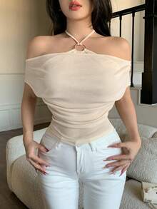 abyoxi 女士米色/杏色金属环扣吊带衬衫，三种穿法（露肩/垂领/不对称领），褶皱腰身修身款，时尚休闲性感，适合办公室、日常、约会、情人节等场合，弹力雪纺面料，春夏款 - 米色 - 查看 6