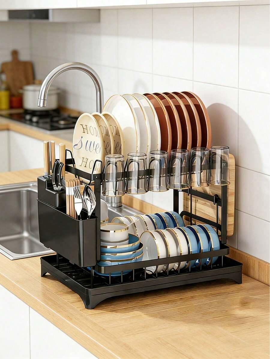 Double-Layer Kitchen Dish Rack | Integrated Sink Design + Quick Draining + Automatic Drainage, Complete Utensil Storage System. Suitable For Plates / Cups / Various Tableware. Saves Countertop Space And Is Suitable For Small Apartments / Studios. Available All Year Round. Integrated Storage Solves The Problem Of Draining. Essential In The Kitchen. Minimalist Design, Saves Space. - 黑色 - 查看 1