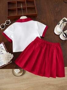 Conjunto de falda plisada de manga corta y cuello polo para niñas, nuevo estilo escolar de 2 piezas para niña joven - Rojo - Ver 2