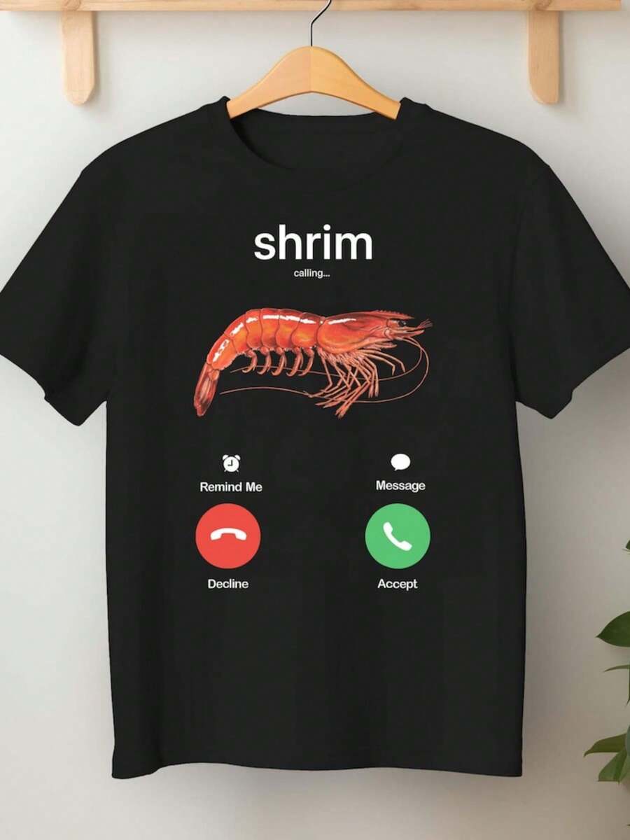 Shrim Is Calling-Shirt Funny Misspelled Shrimp Calling Joke Tee - 黑色 - 查看 1