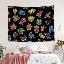 1pc Bedroom Decor Keith Haring Colorful Dancing Figures On Black Background Tapestry, Decorative Wall Hanging Tapestry For Bedroom, Lotus Spiritual Tapestry, Beach Mat, College Dorm Home Decor Hanging Cloth Gifts Birthday Graduation - 1PC - 查看 1