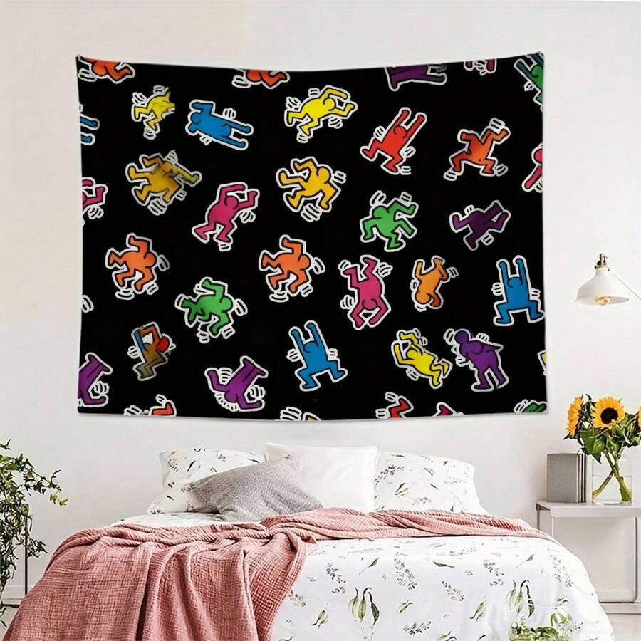 1pc Bedroom Decor Keith Haring Colorful Dancing Figures On Black Background Tapestry, Decorative Wall Hanging Tapestry For Bedroom, Lotus Spiritual Tapestry, Beach Mat, College Dorm Home Decor Hanging Cloth Gifts Birthday Graduation - 1PC - 查看 1