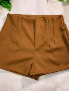 Women's Tailored High-Waisted Shorts With Side Zipper. - Rust Brown - View 2
