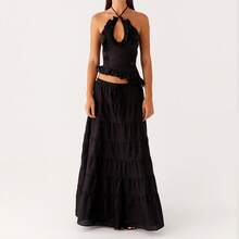 Y2k Ruffle Long Skirt Sets For Women 2 Piece Outfits Summer Ruched Backless Cami Top Matching Boho Maxi Skirt Set - Black-a - View 1