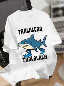 Tween Boy Cartoon Shark Print Crew Neck T-Shirts Spring And Summer Y2K Boy's Casual Tee Soft Tops - White - View 1