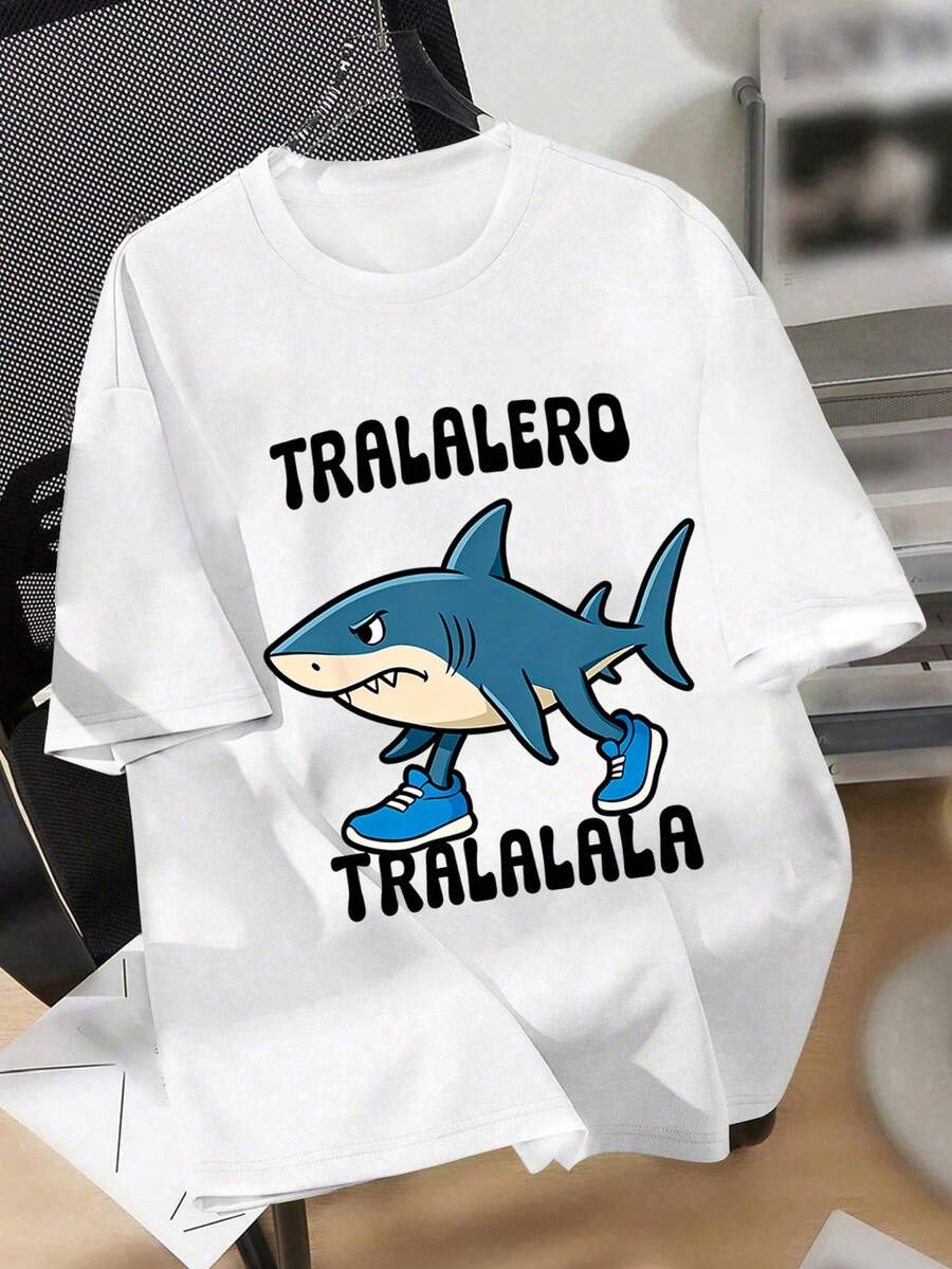 Tween Boy Cartoon Shark Print Crew Neck T-Shirts Spring And Summer Y2K Boy's Casual Tee Soft Tops - White - View 1
