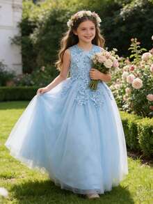 Tween Girl Lace Wedding Party Dress, Princess Pageant Evening Gown - Baby Blue - View 3