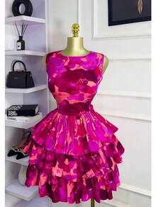 Vestidos Elegantes De Mujer Vestidos Vacation Outfits Women Dresses For Women  Summer Dresses For Women Formal Dresses For Women Dresses For Women Elegant Prom Dresses Formal Dresses For Women Formal Gowns For Women Evening Elegant Sleeveless Round-Neck Tight Waist-Cinching Pleated Short Three-Layer Cake Dress - 玫紅色 - 查看 2