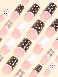 Upgrade Your Look With Y2K Style! Instantly Upgrade Your Look With 24 Medium-Sized Fake Nails, Featuring A Gentle And Elegant Rococo-Style Wide-Edged French Manicure In Brown, A White Polka Dot Pattern With Lace Trim Design, And A Fashionable Retro Khaki And White Contrasting Plaid Pattern With A Cute Bow White Dot Design. - Multicolor - View 4
