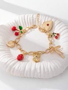 1pc Cherry Chili Charm Bracelet, Women Enamel Cherry Bracelet, Summer Jewelry - Cherry Bear Pendant Bracelet - View 1