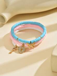 Set de 3 piezas de tobillera con colgante de cerámica con incrustaciones de mariposa y estrella de estilo bohemio, elegante, sexy, dulce y versátil, adecuado para atuendos casuales diarios, fiestas, festivales de música y vacaciones en la playa de las mujeres - Multicolor - Ver 2