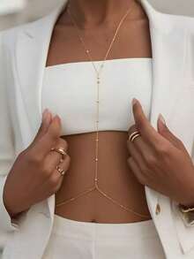 1pc Beaded Criss-Cross Body Chain, Sexy Fashion Versatile Personalized Party Holiday Daily Wear Gift (Handmade, 1-3cm Tolerance) - Golden Beads - View 3