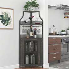 clóset de Esquina para licores con estantes Ajustables, clóset de Barra Industrial de 61 Pulgadas, no Empotrado con Puerta de Malla y Soporte de Vidrio para Cocina, Color café rústico - Roble Fresno - Ver 5