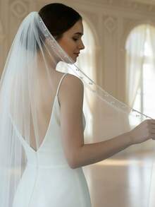 1pc Elegant Beaded Bridal Veil Single Layer Wedding Veil With Comb - Multicolor - View 3
