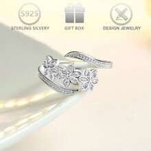 1pc 925 Silver Shiny Cubic Zirconia Unique Floral Design Open Ring, Elegant Bridal Party Cocktail Ring Suitable For Daily Wear, Wedding, Anniversary, Valentine's Day Gift - Silver - View 3