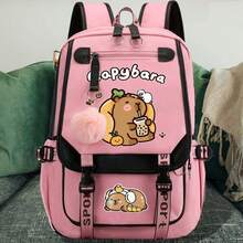 Cute Capybara Nylon Backpack - Lightweight & Spacious, With Plush Pom Pom Decor, Suitable For School & Commute, Available In Blue/Rose Red/Pink/Purple, Travel Backpack Back To School Gift, School Supplies, Student Stationery, Sprayground Backpack, Office Supplies, Valentine's Day Gift - Style-d - View 13