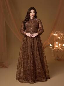 高端长袖蕾丝泡泡袖系带修身连衣裙，适合舞会、婚礼、派对、婚礼宾客礼服、晚礼服等场合。 - 咖啡棕 - 查看 3