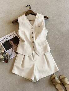 Women's Casual Linen Blend Solid Color Sleeveless Blazer And Pleated A-Line Shorts Set Summer - Apricot - View 4