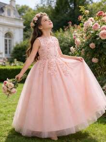 Tween Girl Spets Bröllopsfest Prinsessa Festklänning Aftonklänning - Rosa - Visa 3