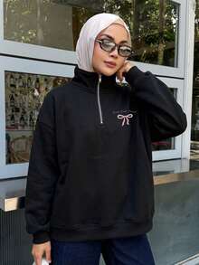 Livesso 女士蝴蝶印花半拉链休闲长袖运动衫、长袖上衣、秋季女装 - 黑色 - 查看 2