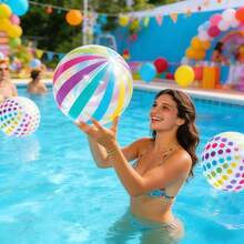 Polka Dot & Striped Inflatable Beach Ball, Made Of Durable PVC, Water Play Ball | Colorful Striped Ball | Outdoor Swimming Pool Ball, Suitable For Swimming Pool And Beach Party Decoration, Essential For Outdoor Water Activities, Summer Essentials - Multicolor - View 4