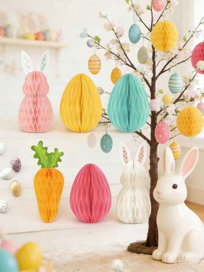 6pcs Easter Party Decorations, Hanging Honeycomb Paper Easter Eggs Tree Decor, Soft Easter Eggs Bunny 3D Paper Honeycomb Ball Center Decor, Suitable For Home, Outdoor Yard, Classroom, Window Easter Hanging Decorations - Spring Paper Decor